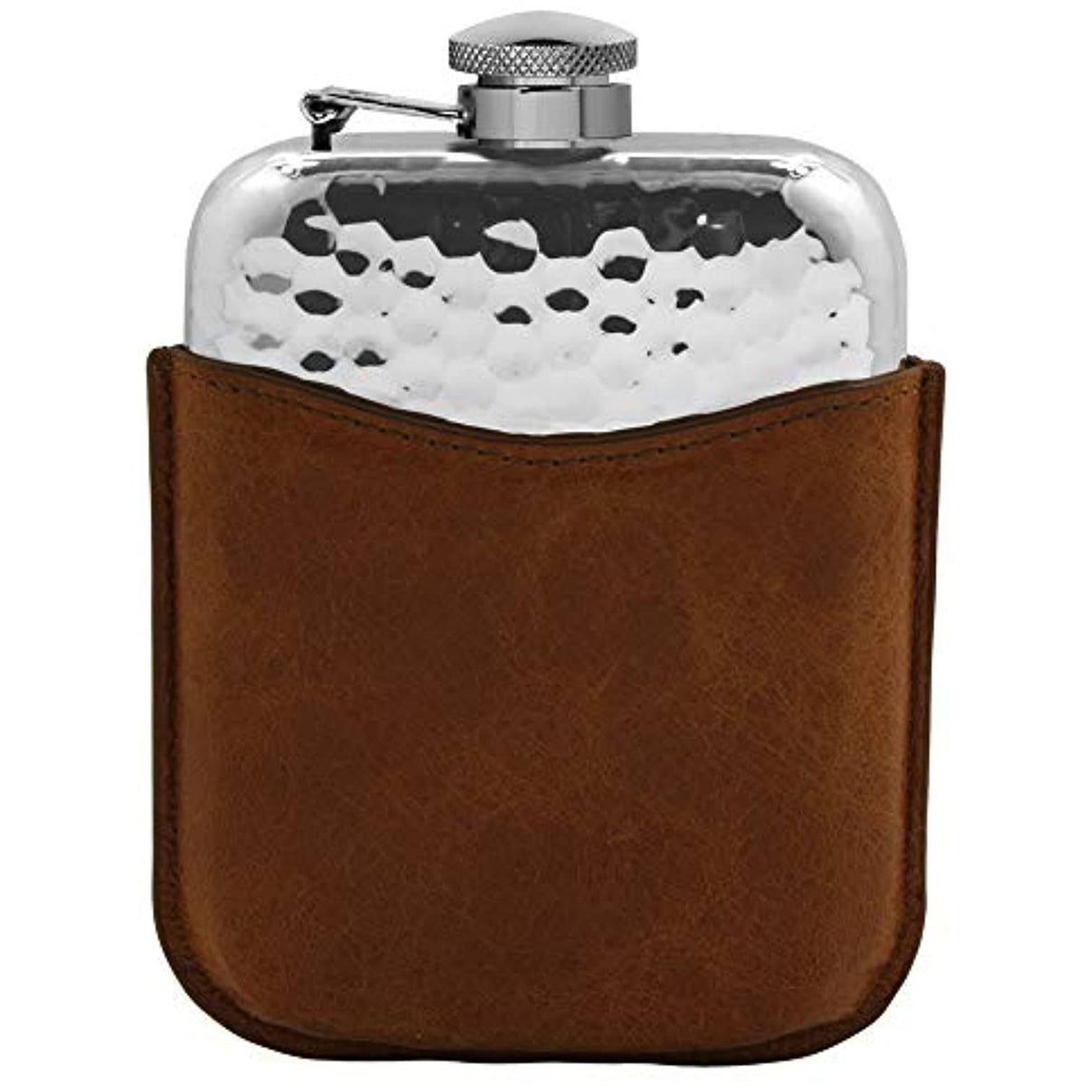 6oz Pewter Hip Flask with Captive Top in Brown Leather Pouch D757
