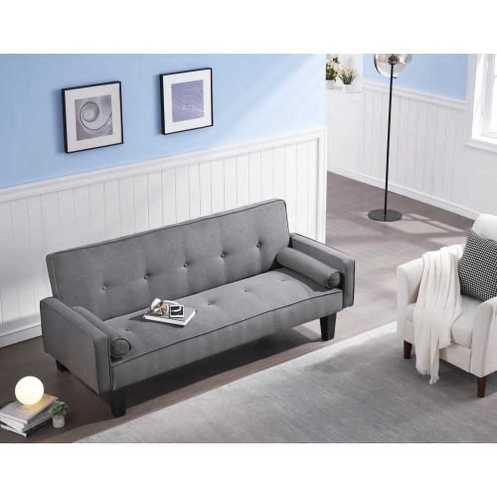 72" Dark Grey Cotton Linen Convertible Sofa Bed with Two Pillows J124015