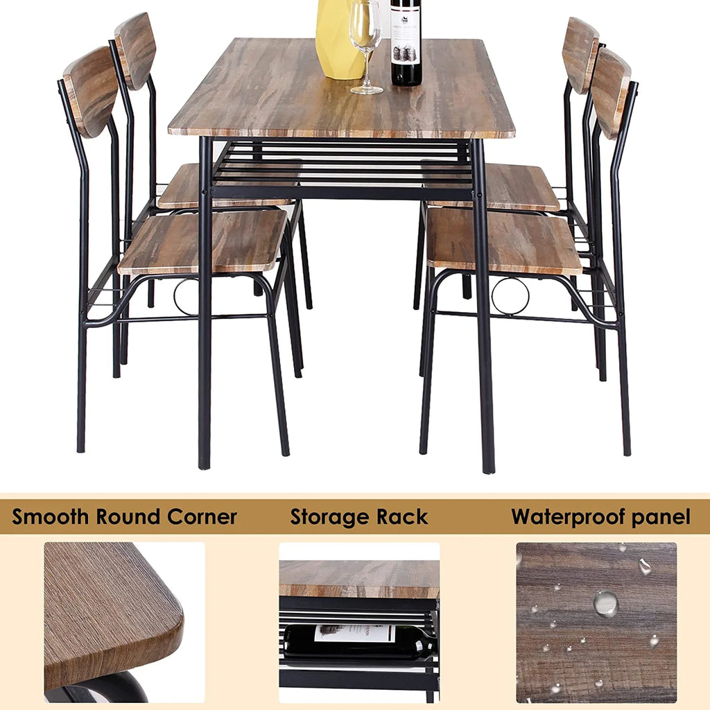 5 Piece Dining Table Set with 4 Chairs and Storage Rack, Wooden Top and Metal Legs, Rustic Brown H164209