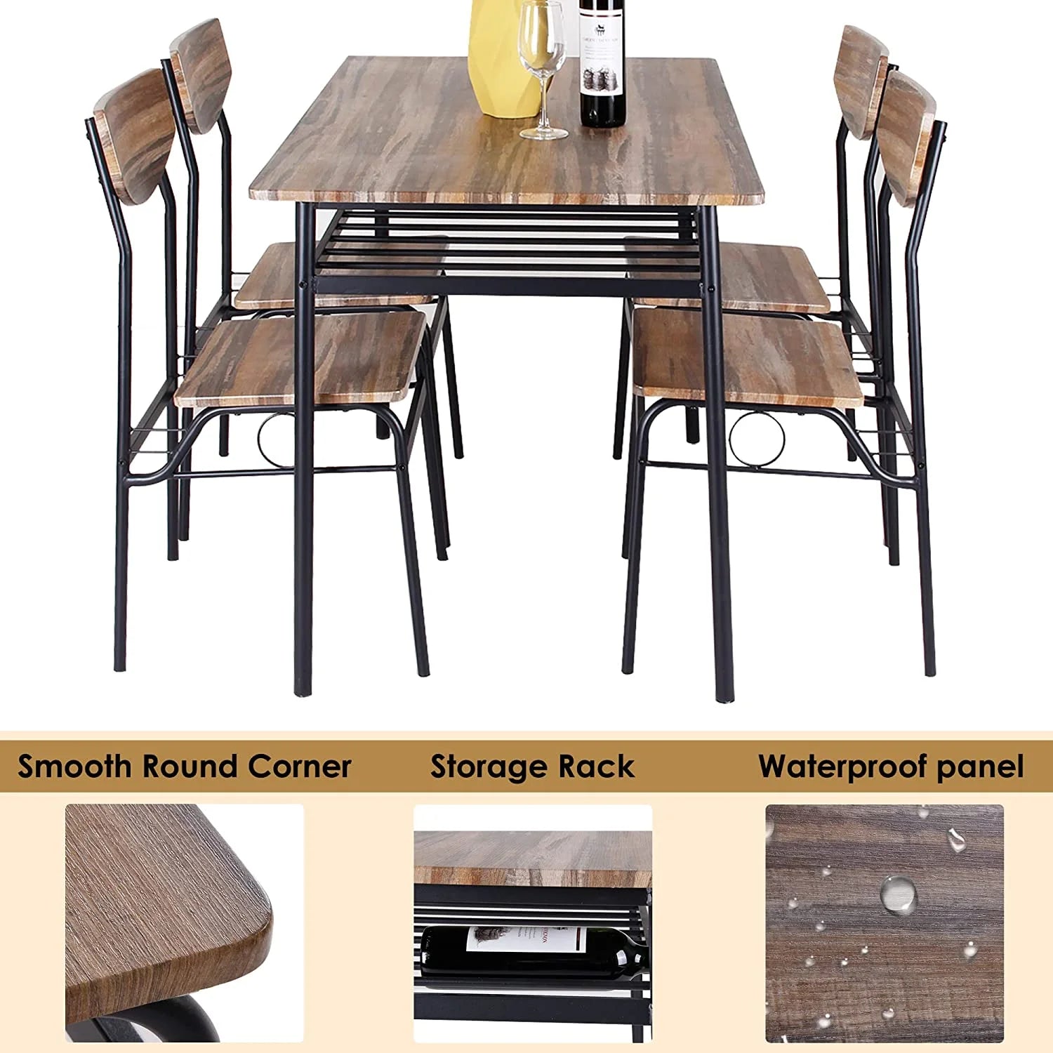 5 Piece Dining Table Set with 4 Chairs and Storage Rack, Wooden Top and Metal Legs, Rustic Brown H164209