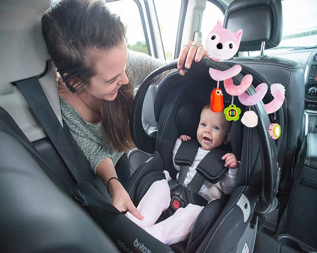 Pink Fox Plush Baby Car Seat Toys with Musical Sheep Rattles Owl Ladybird Distorting Mirror B4855