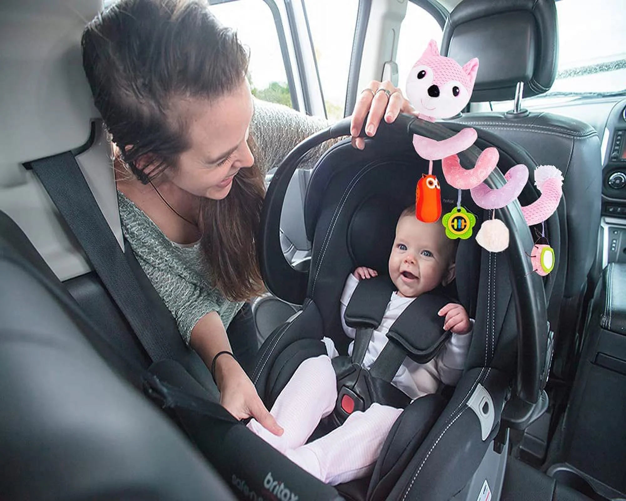Pink Fox Plush Baby Car Seat Toys with Musical Sheep Rattles Owl Ladybird Distorting Mirror B4855