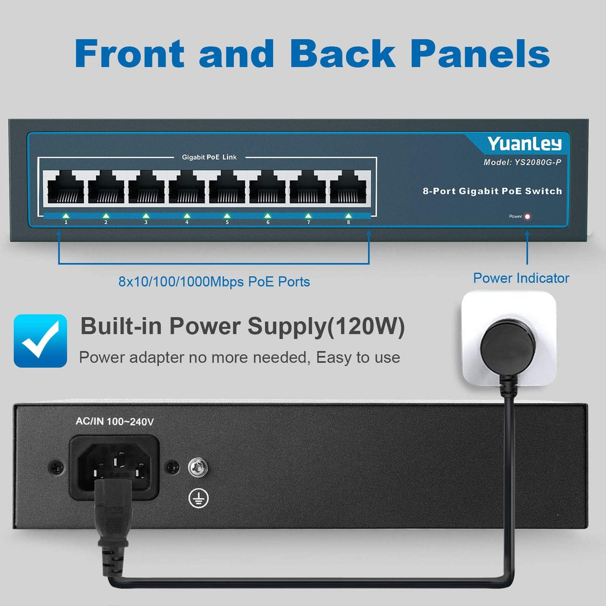 8 Port Gigabit PoE Switch, 120W, Metal, Pack of 2 H847945