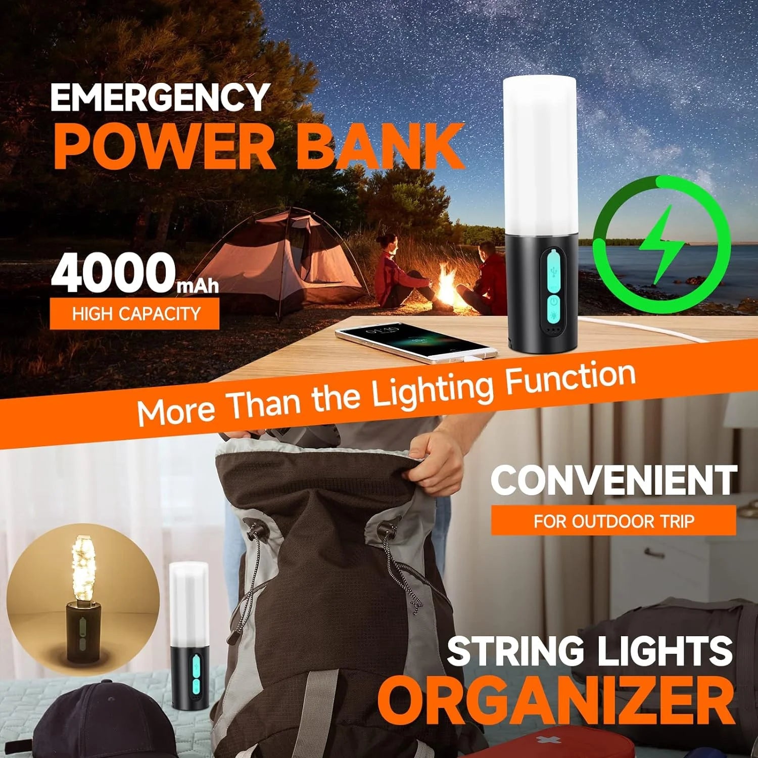 4-in-1 Rechargeable LED Camping Lantern with String Lights B3458
