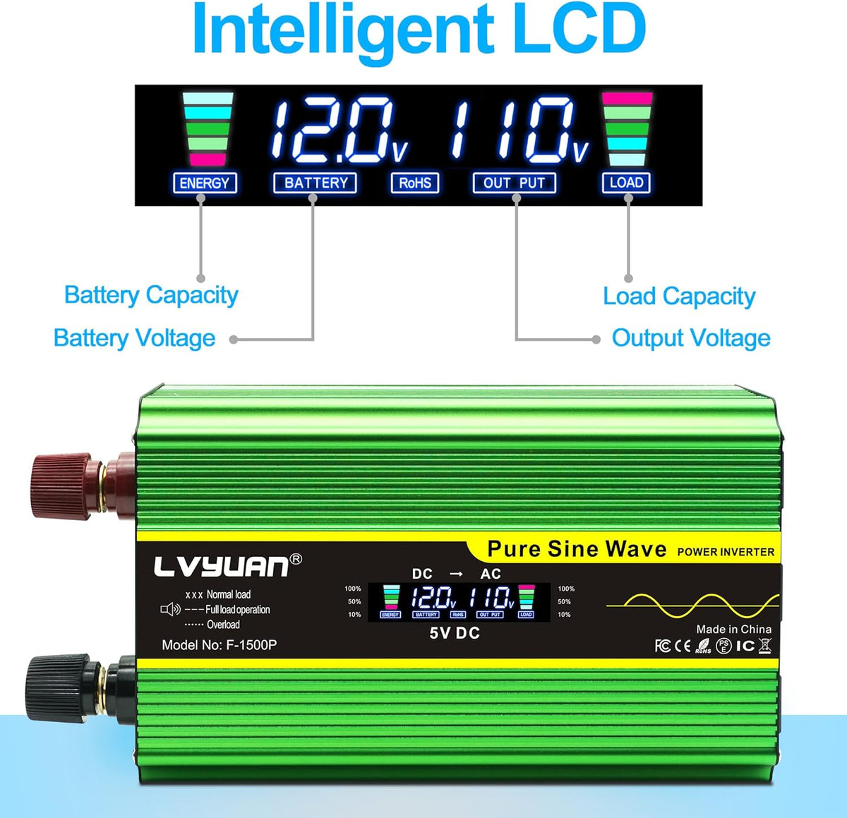Pure Sine Wave Inverter 1600 Watts DC 12V to AC 110V with Remote Controller and LCD Display S61345