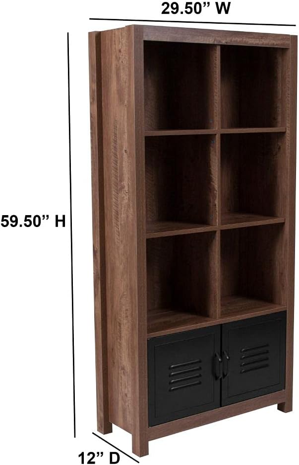 6 Cube Storage Organizer Bookcase with Metal Cabinet Doors in Crosscut Oak Wood Grain Finish C58578