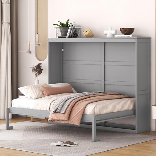Gray Queen Solid Wood Murphy Cabinet Bed J7874