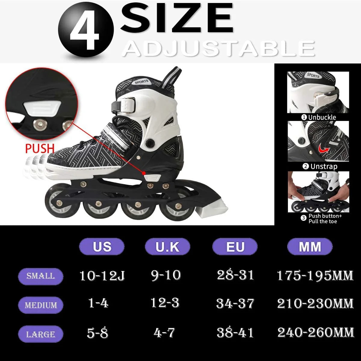 Black Adjustable Kids Inline Skates Q544316