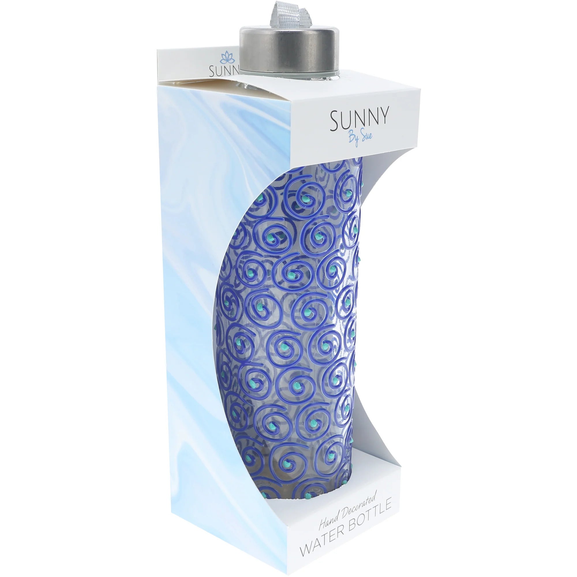 Blue Swirl 16.5 oz Hand Decorated Glass Water Bottle I1219