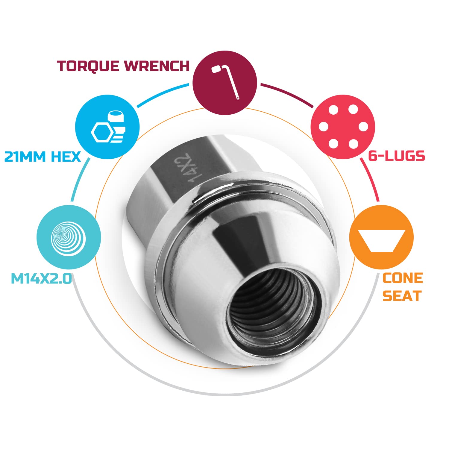24pcs Chrome Cone Seat Lug Nuts M14x2.0 P45084