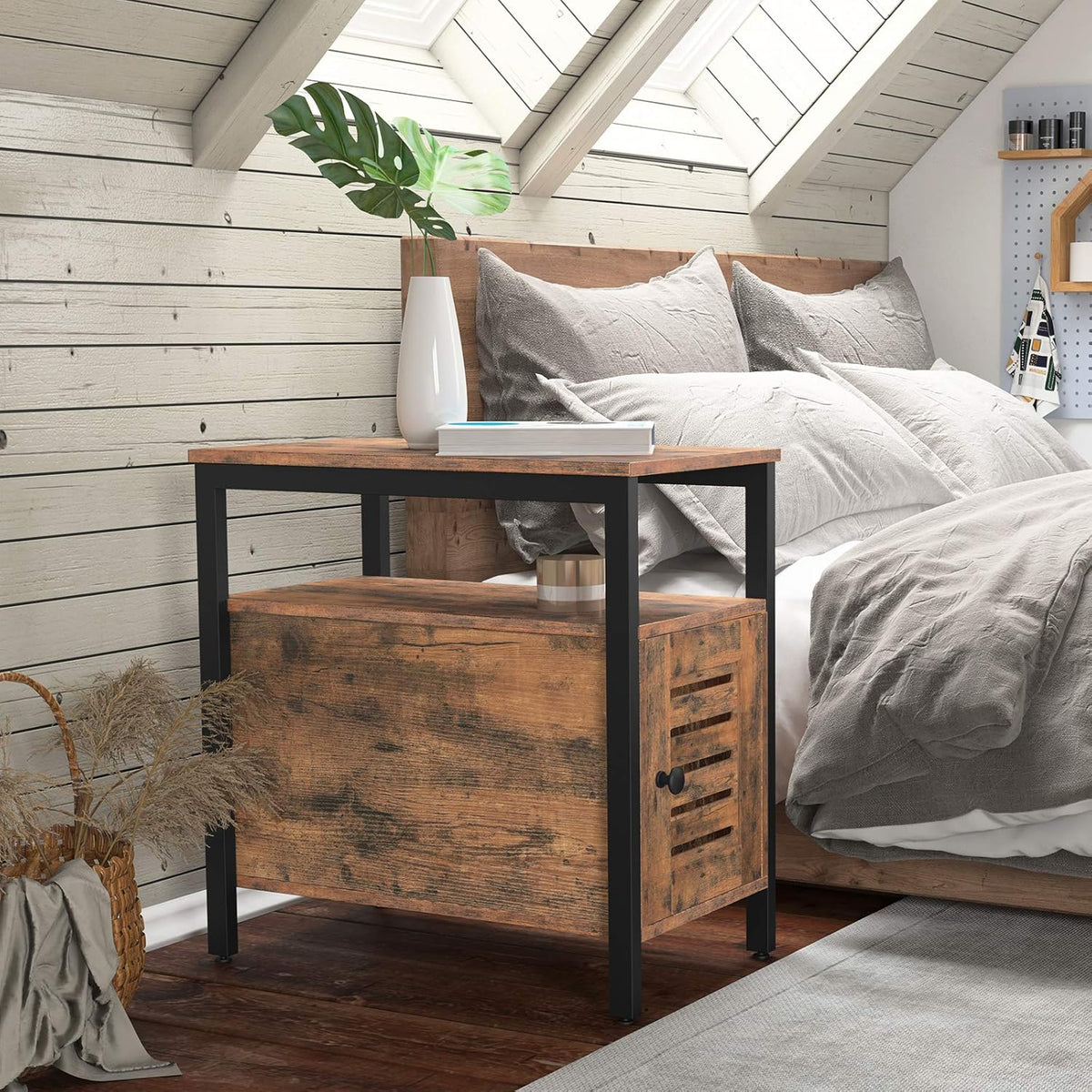 Narrow Nightstand with Cabinet, Rustic Brown W737
