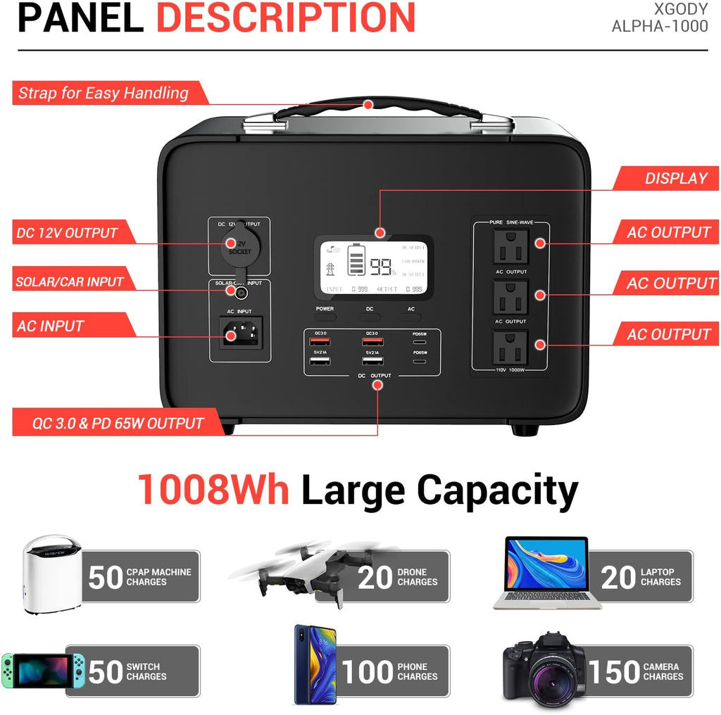 1000W Portable Power Station with LCD Display, 1008Wh LiFePO4 Battery Backup N9292