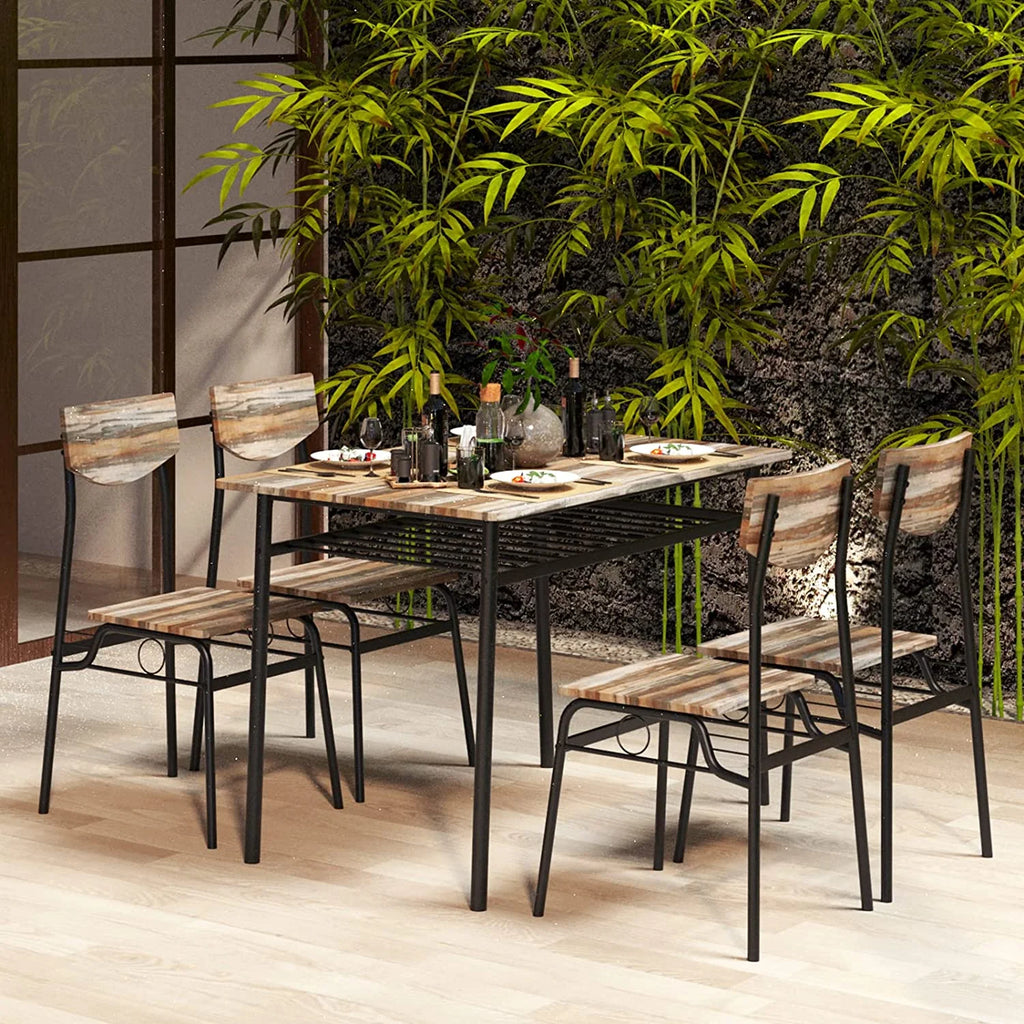 5 Piece Dining Table Set with 4 Chairs and Storage Rack, Wooden Top and Metal Legs, Rustic Brown H164209