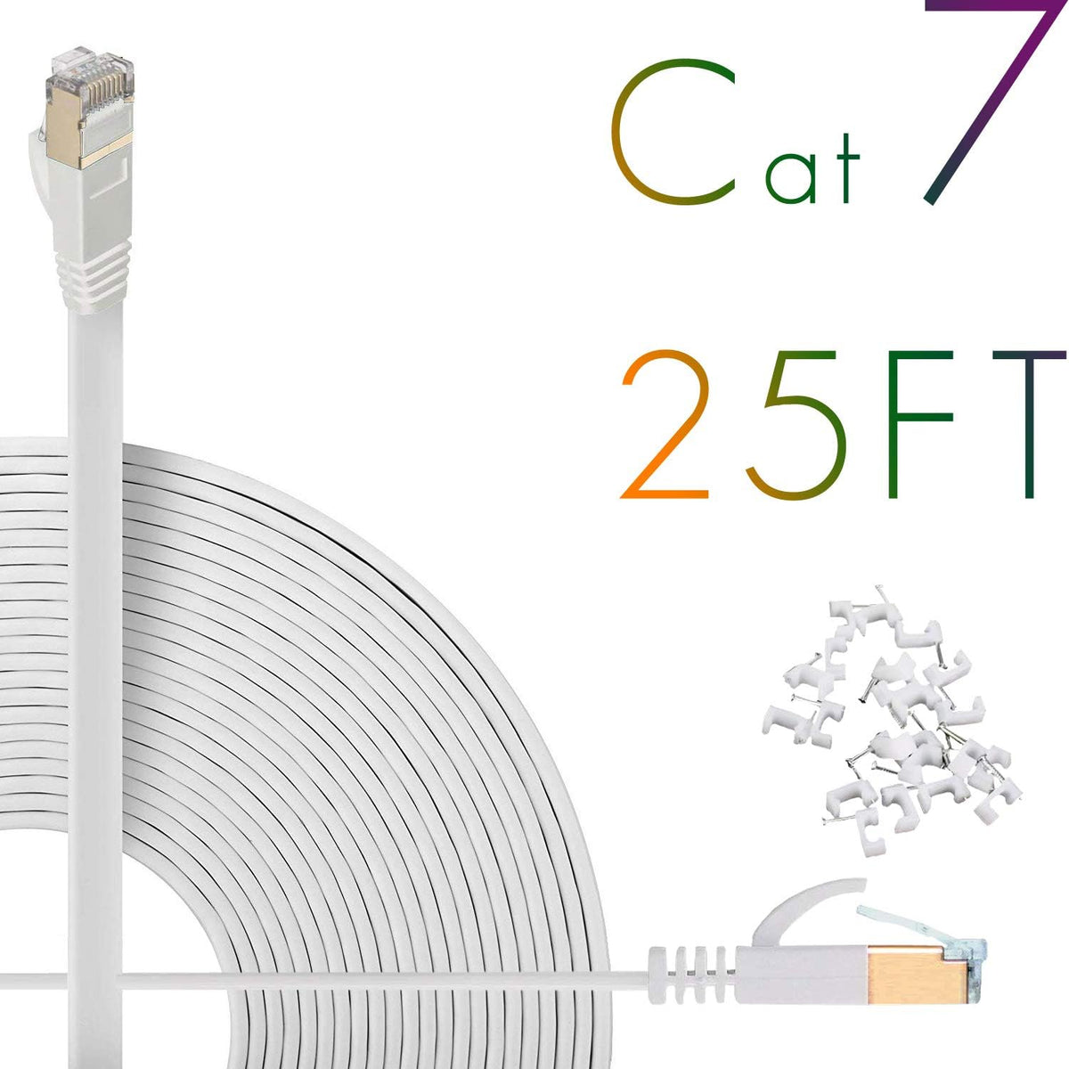 Cat7 Ethernet Cable 150ft Flat Shielded (STP) Solid Network Cord with Snagless RJ45 Connectors (White) W915585