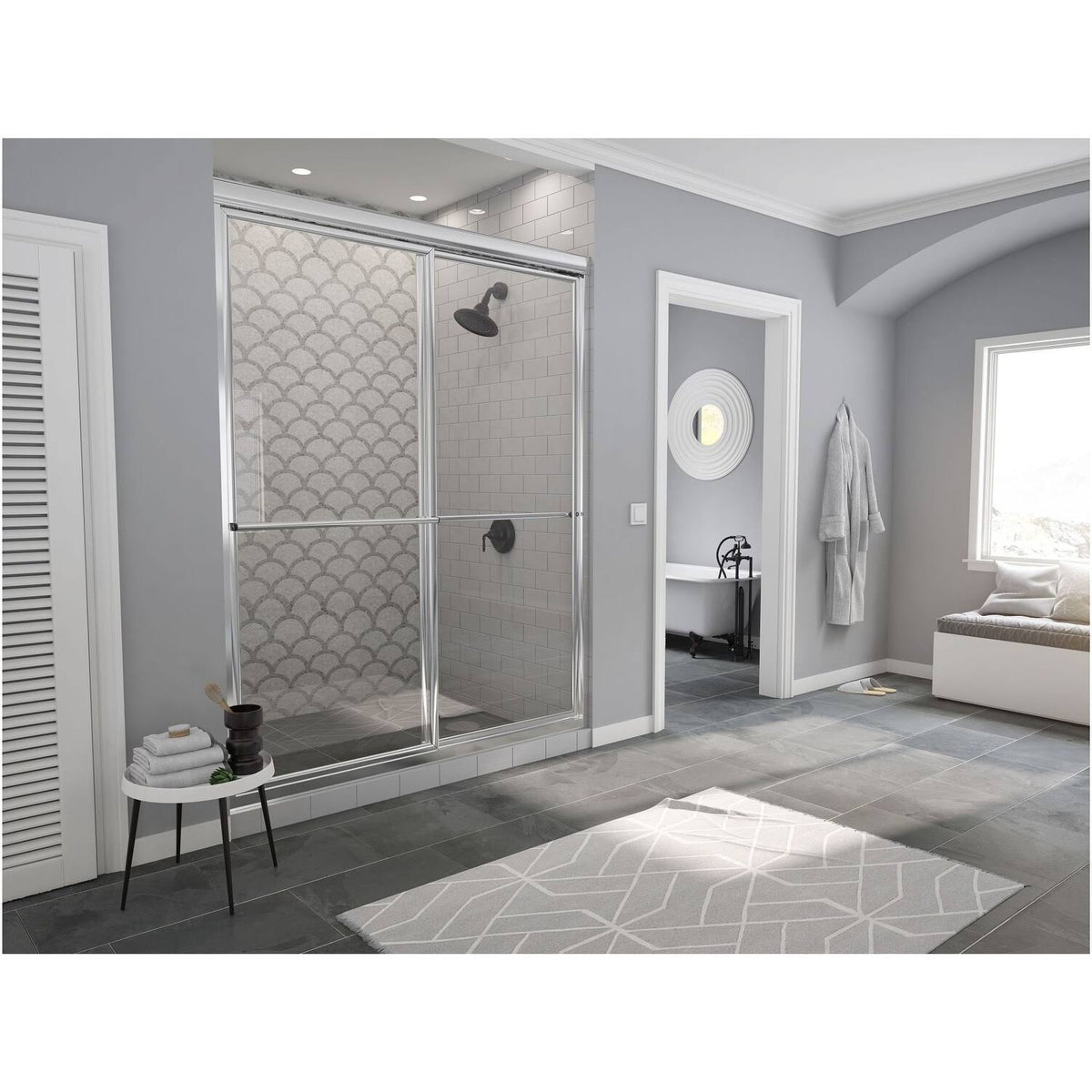 Framed Sliding Shower Door with Towel Bar in Clear Glass Q7054