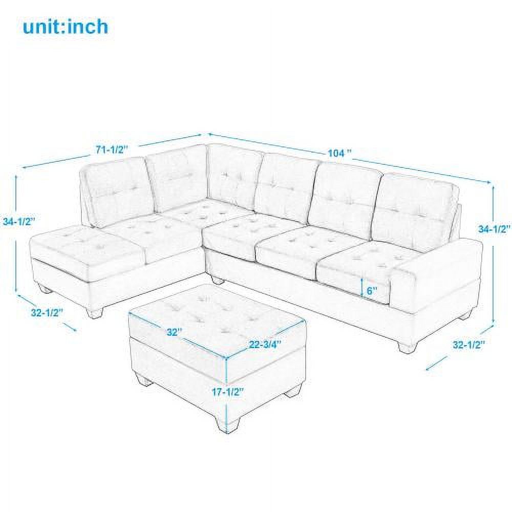 3 Piece Microfiber Sectional Sofa with Reversible Chaise Lounge Storage Ottoman and Cup Holders V6610