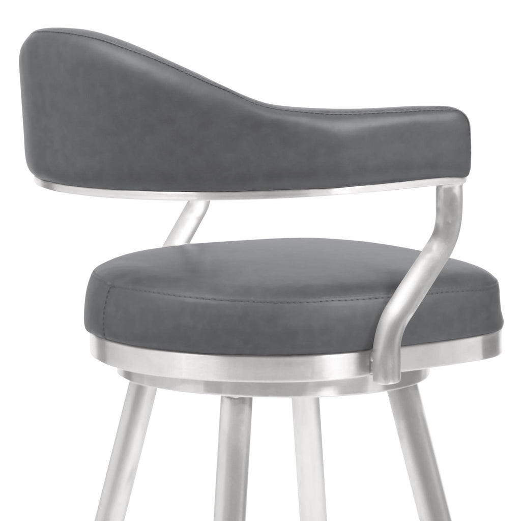 26 inch Counter Height Barstool in Brushed Stainless Steel and Vintage Grey Faux Leather N545790