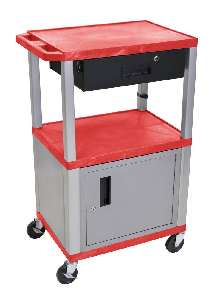Red and Nickel Utility Cart with Cabinet and Drawer Z2565