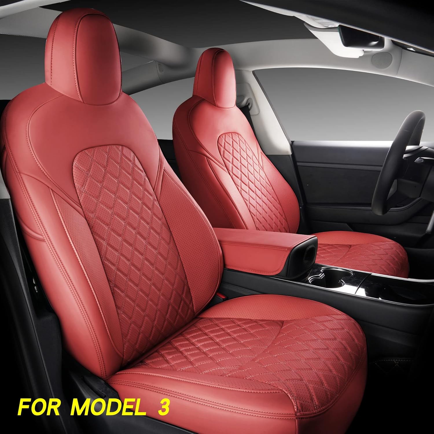 Red Faux Leather Car Seat Covers for Tesla Model 3 P943006