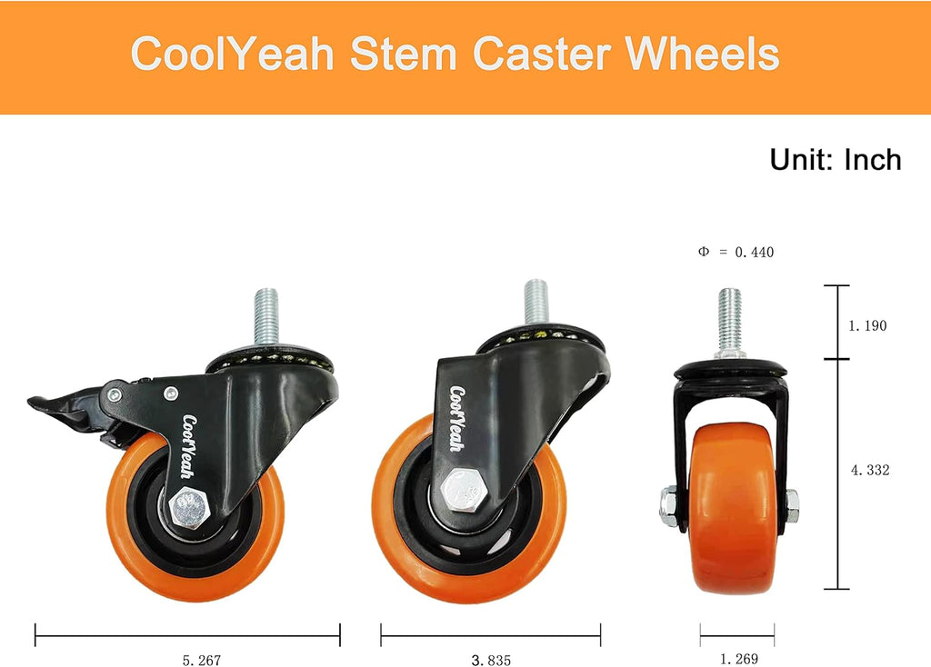 3 inch Stem Casters, M12*30mm 1/2 -13 x 1-1/5 Threaded, Heavy Duty Replacement Wheels (Pack of 8, 4 with Brake & 4 Without) W974114