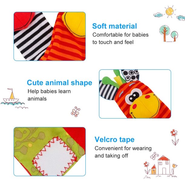Baby Wrist Rattle and Socks Rattle Set, Soft Animal Toy (4 Pack) A3915
