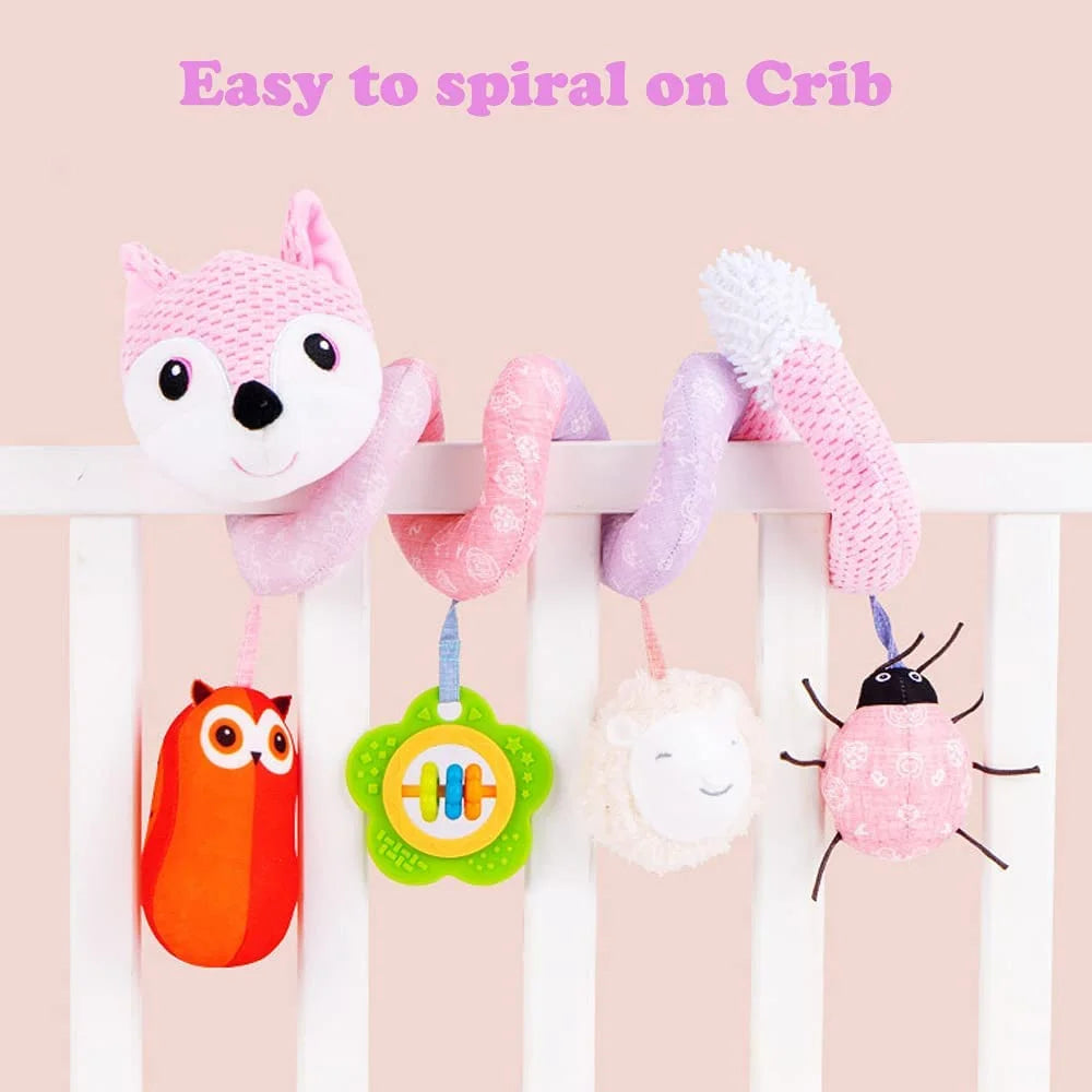 Pink Fox Plush Baby Car Seat Toys with Musical Sheep Rattles Owl Ladybird Distorting Mirror B4855