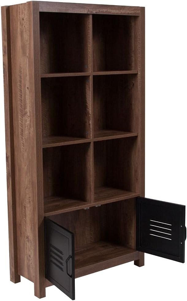 6 Cube Storage Organizer Bookcase with Metal Cabinet Doors in Crosscut Oak Wood Grain Finish C58578