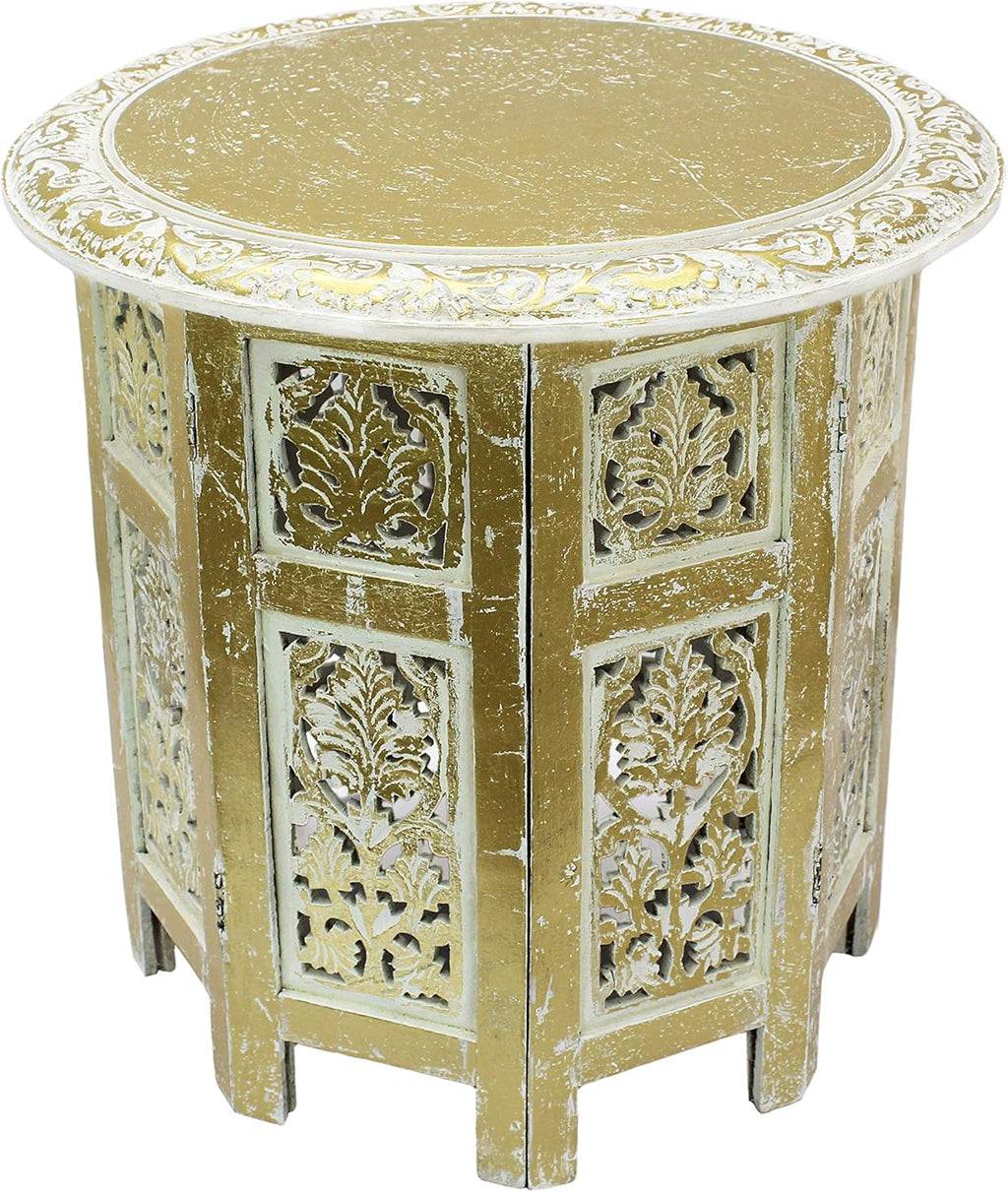 Antique Brown Solid Wood Hand Carved Accent Coffee Table, 18 Inch Round Top, Pack of 2 X9965