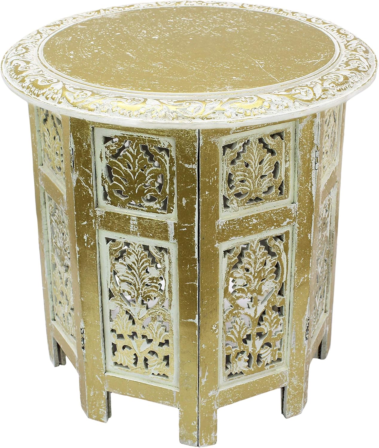 Antique Brown Solid Wood Hand Carved Accent Coffee Table, 18 Inch Round Top, Pack of 2 X9965