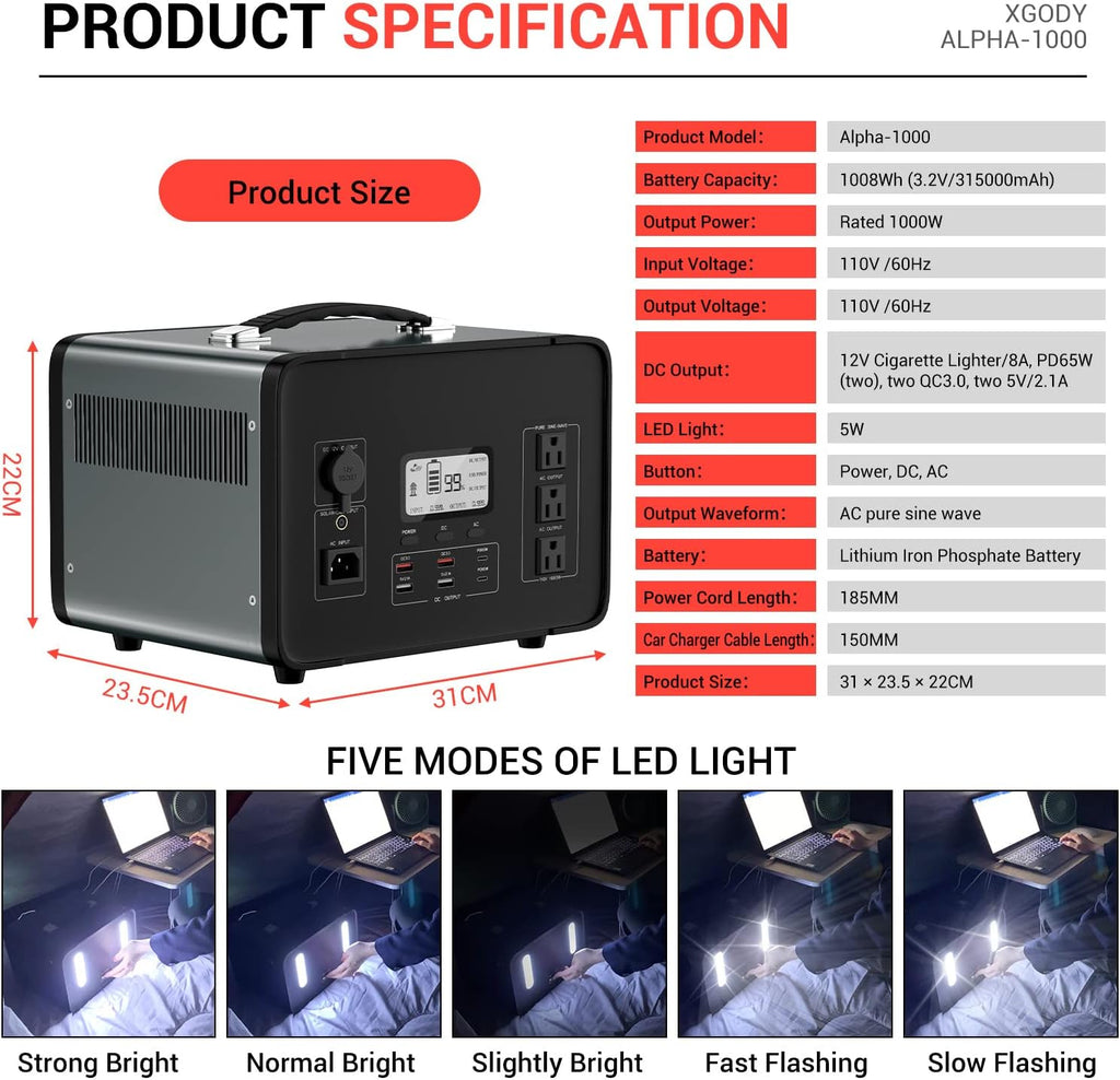 1000W Portable Power Station with LCD Display, 1008Wh LiFePO4 Battery Backup N9292