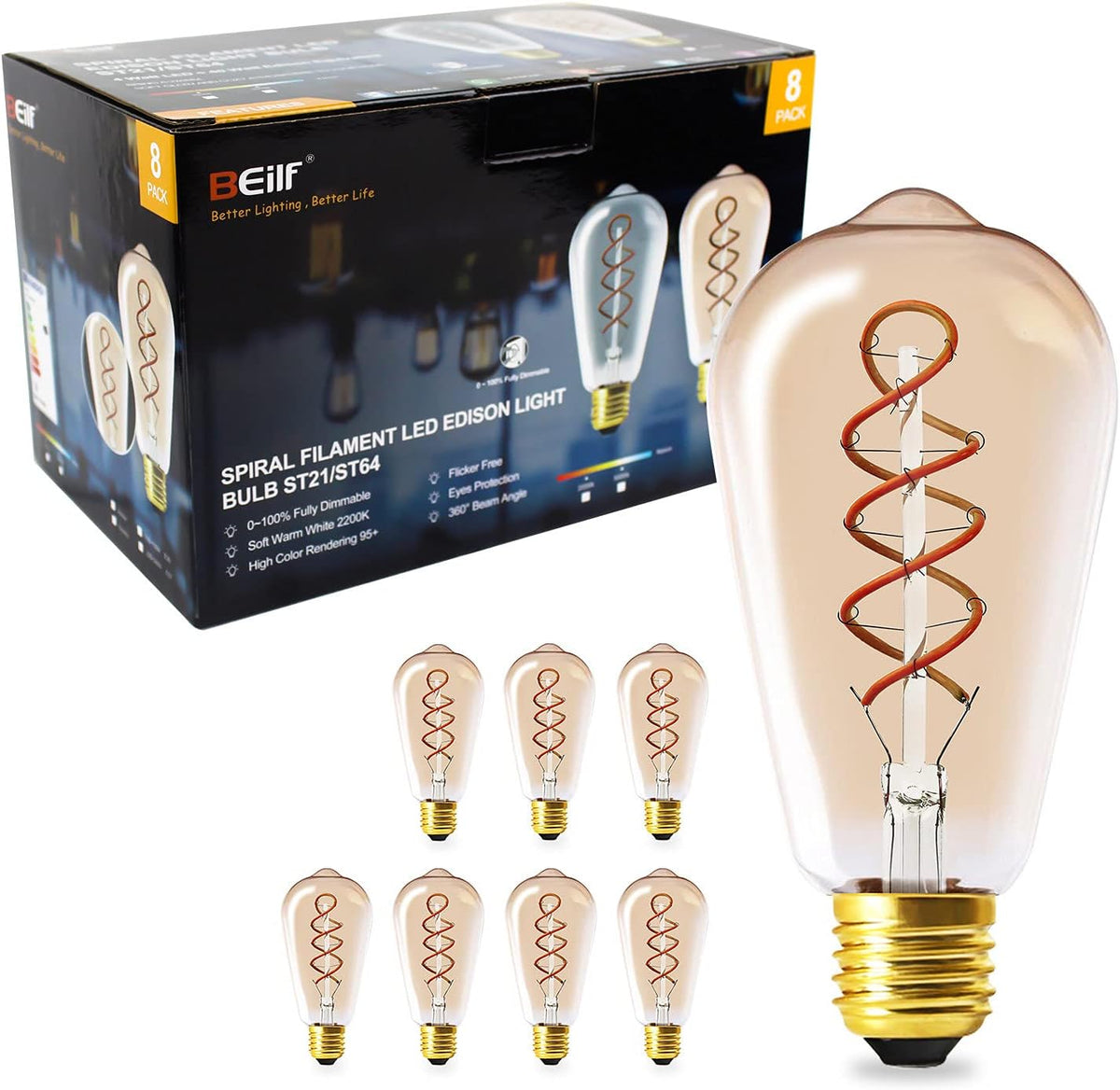 12 Pack Dimmable LED Edison Bulbs, E12 Base, 3W, Warm White 2200K, Amber Glass, Candle Bulb O95223