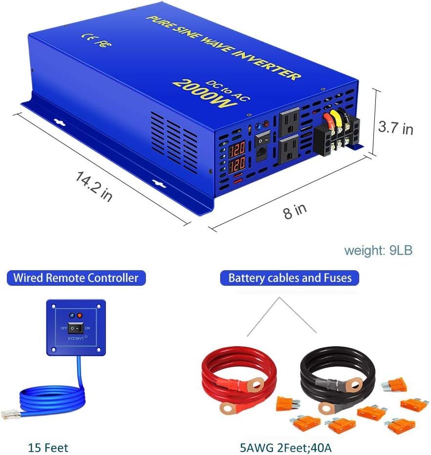 2000W Pure Sine Wave Power Inverter 24V DC to AC 120V with Remote Switch M8948