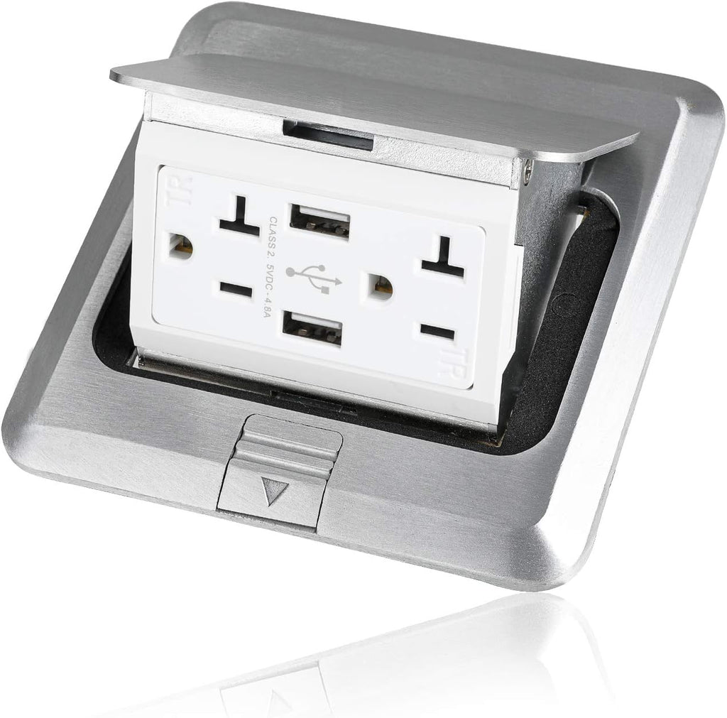 Pop Up Floor Electrical Outlet Stainless Steel Box Kit, 20A Tamper-Resistant Receptacle, Silver, Pack of 2 O677