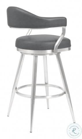 26 inch Counter Height Barstool in Brushed Stainless Steel and Vintage Grey Faux Leather N545790