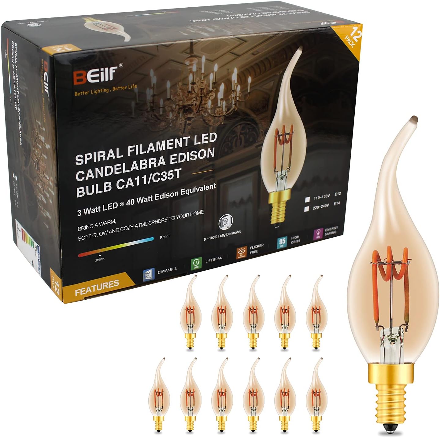 12 Pack Dimmable LED Edison Bulbs, E12 Base, 3W, Warm White 2200K, Amber Glass, Candle Bulb O95223