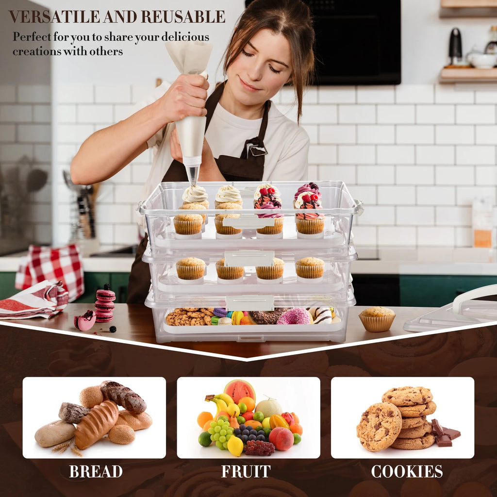 3-Tiers Cupcake Carrier White with Lid And Handle W198197