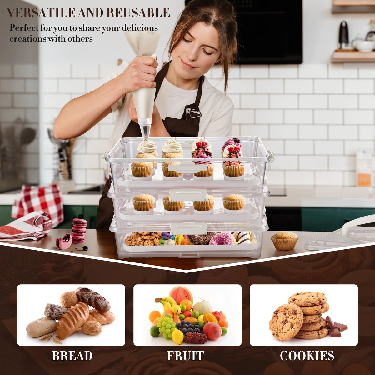 3-Tiers Cupcake Carrier White with Lid And Handle W198197