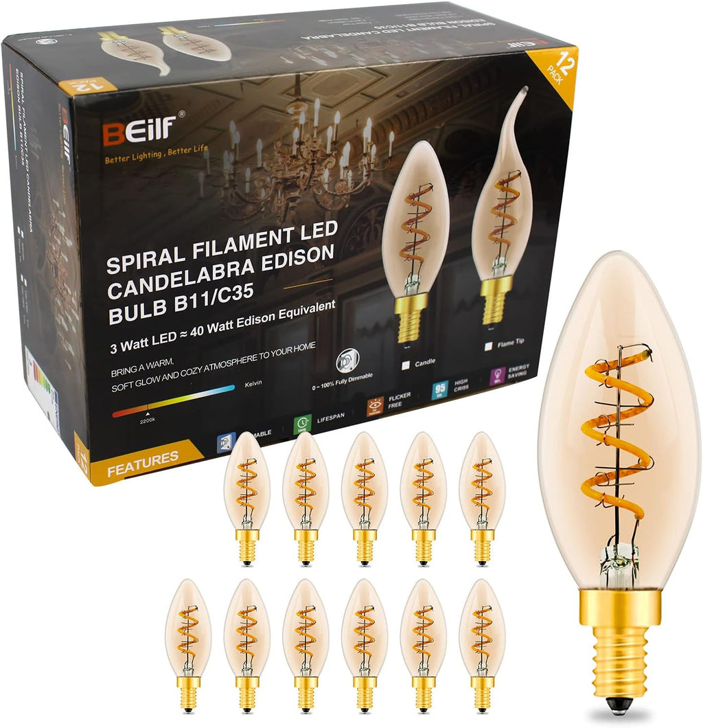 12 Pack Dimmable LED Edison Bulbs, E12 Base, 3W, Warm White 2200K, Amber Glass, Candle Bulb O95223