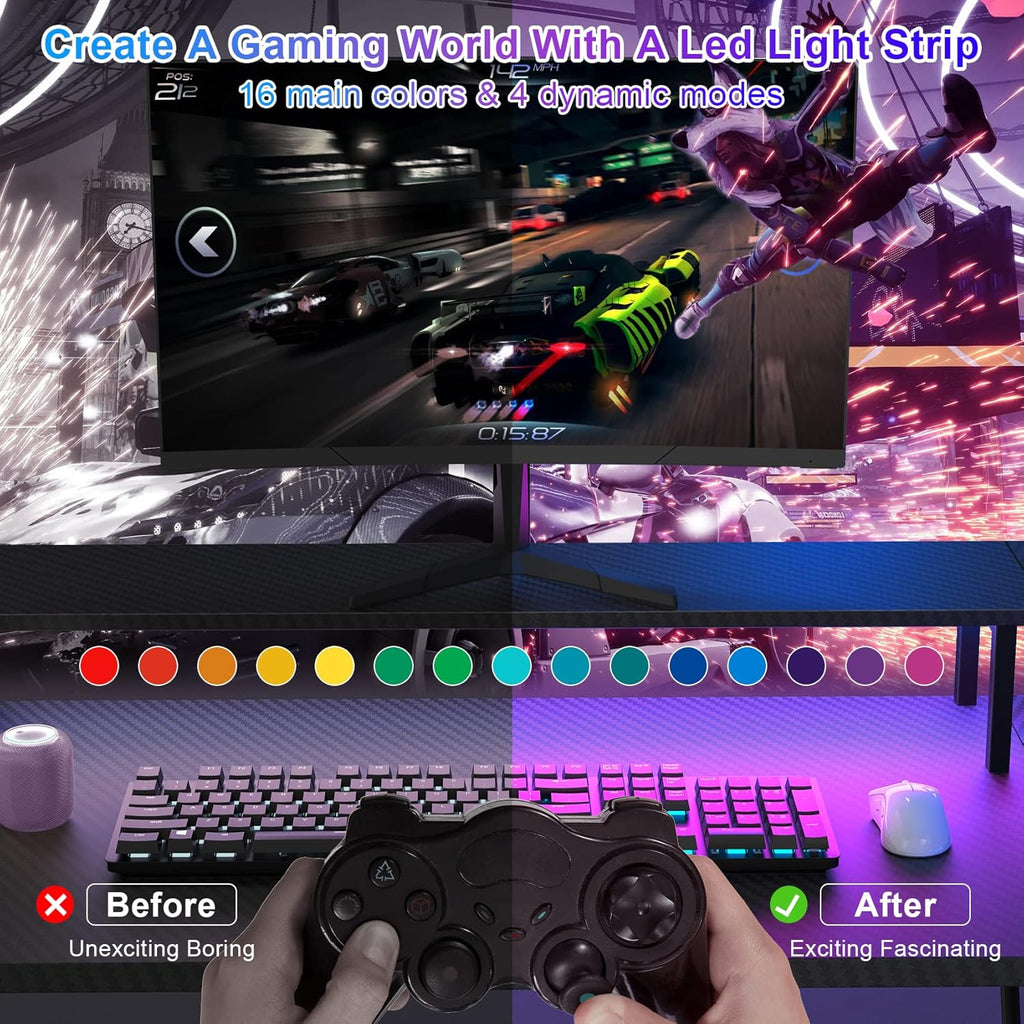 Black L Shaped Gaming Desk with LED Lights and Power Strip X6223