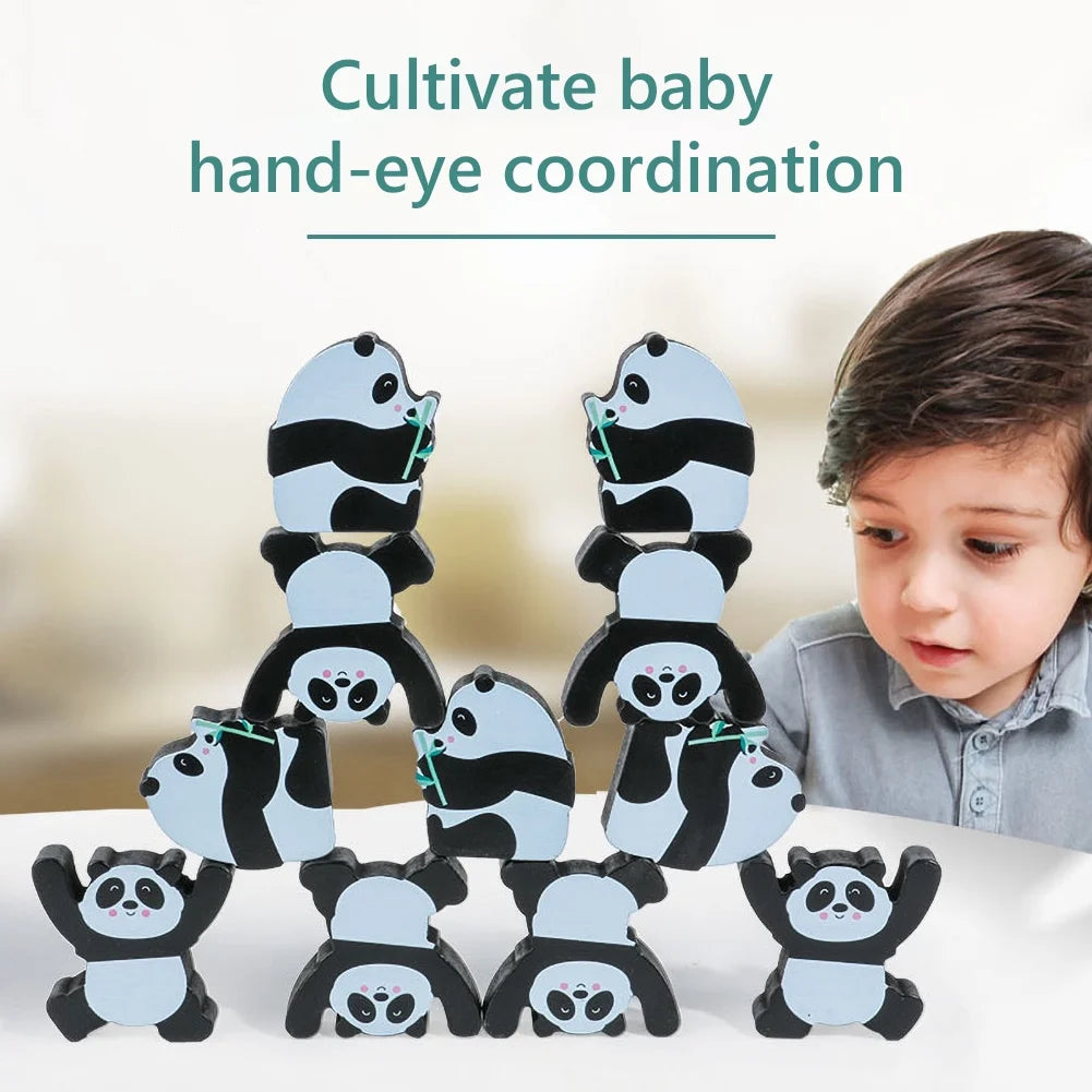 12Pcs Wooden Panda Building Blocks Stacking Toy Set B694393