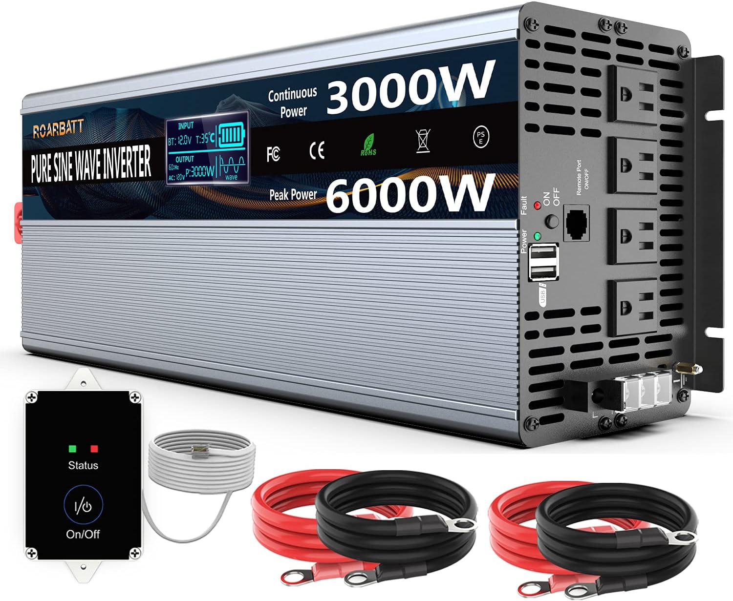 3000Watt 12V DC to AC 110V 120V Power Inverter with Remote Control 4 AC Outlets Dual USB Port B5989