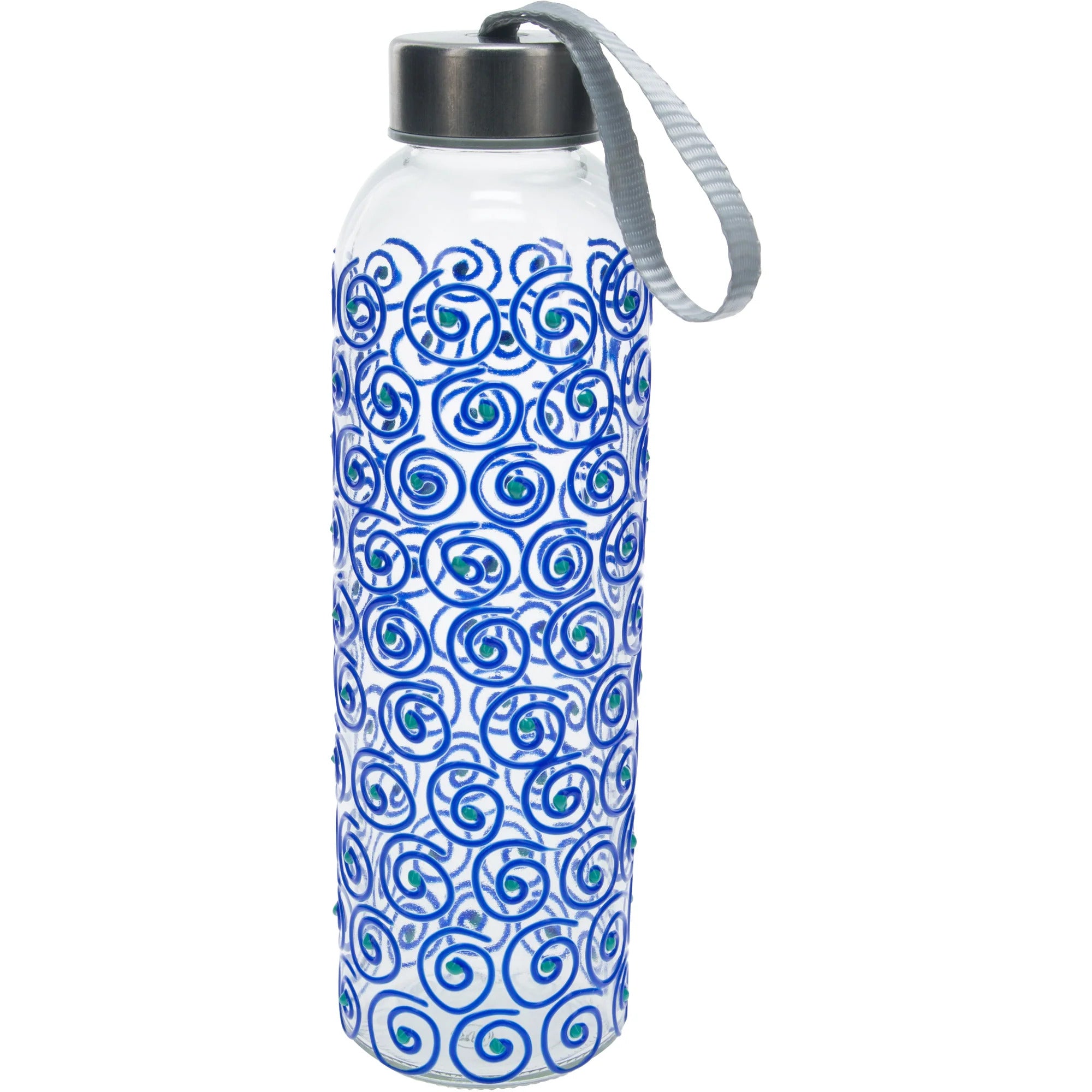 Blue Swirl 16.5 oz Hand Decorated Glass Water Bottle I1219