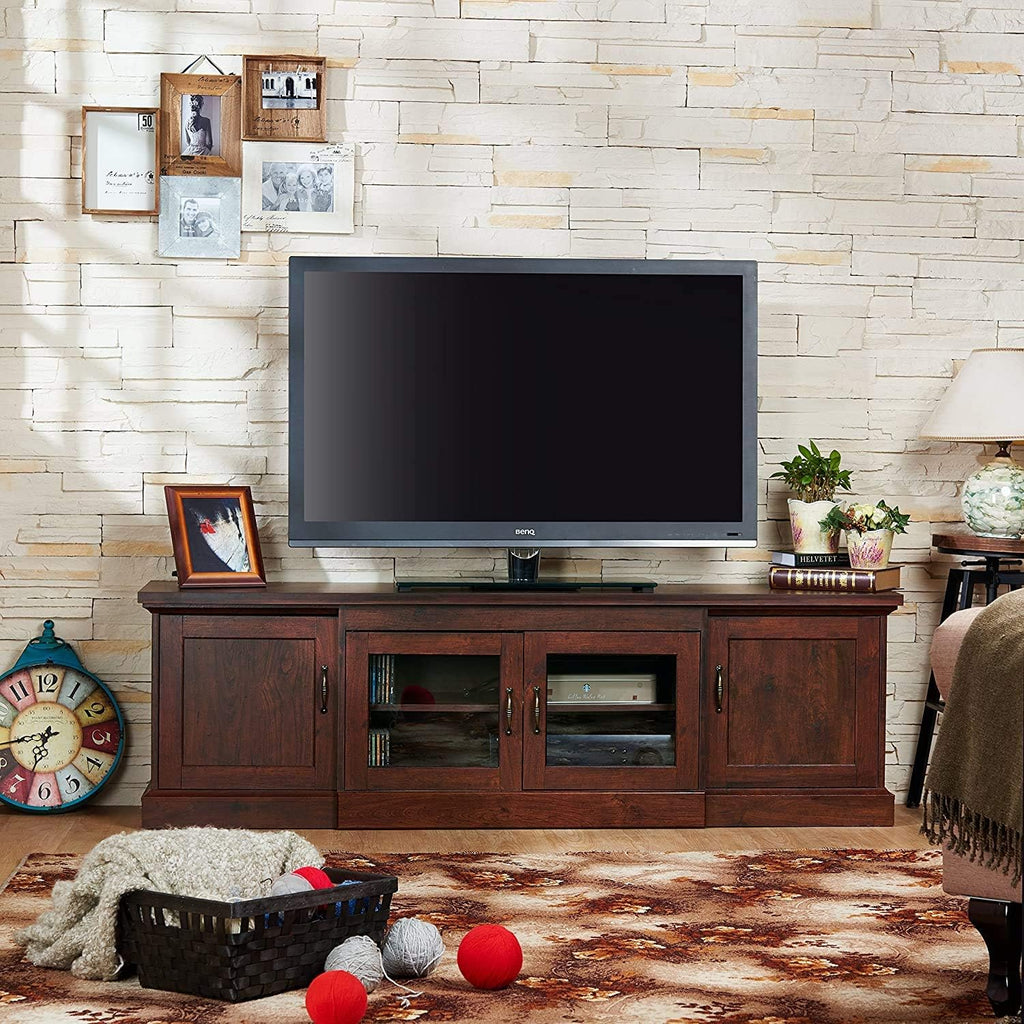 Rustic 68 TV Stand with Glass and Wood Cabinet Door Storage in Vintage Walnut G807053
