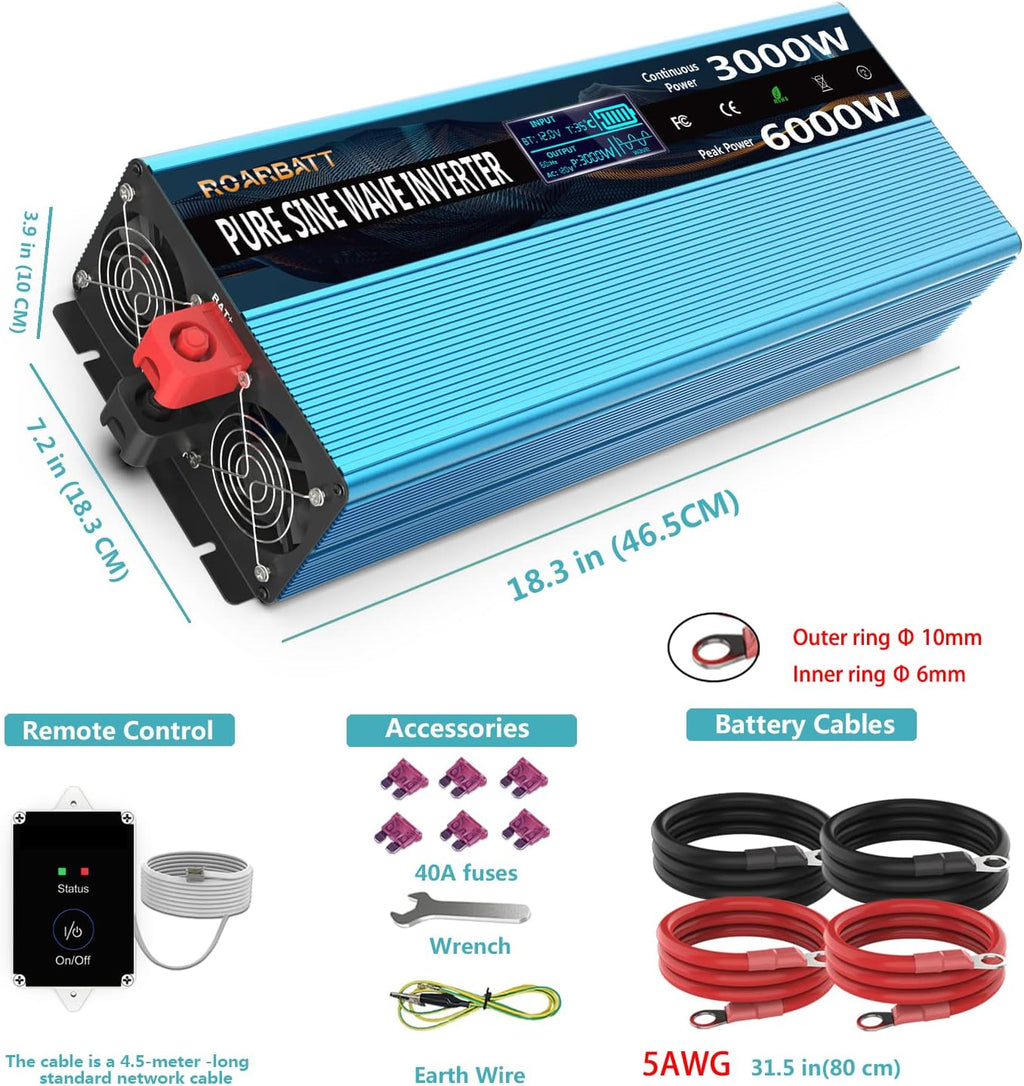 3000Watt 12V DC to AC 110V 120V Power Inverter with Remote Control 4 AC Outlets Dual USB Port B5989