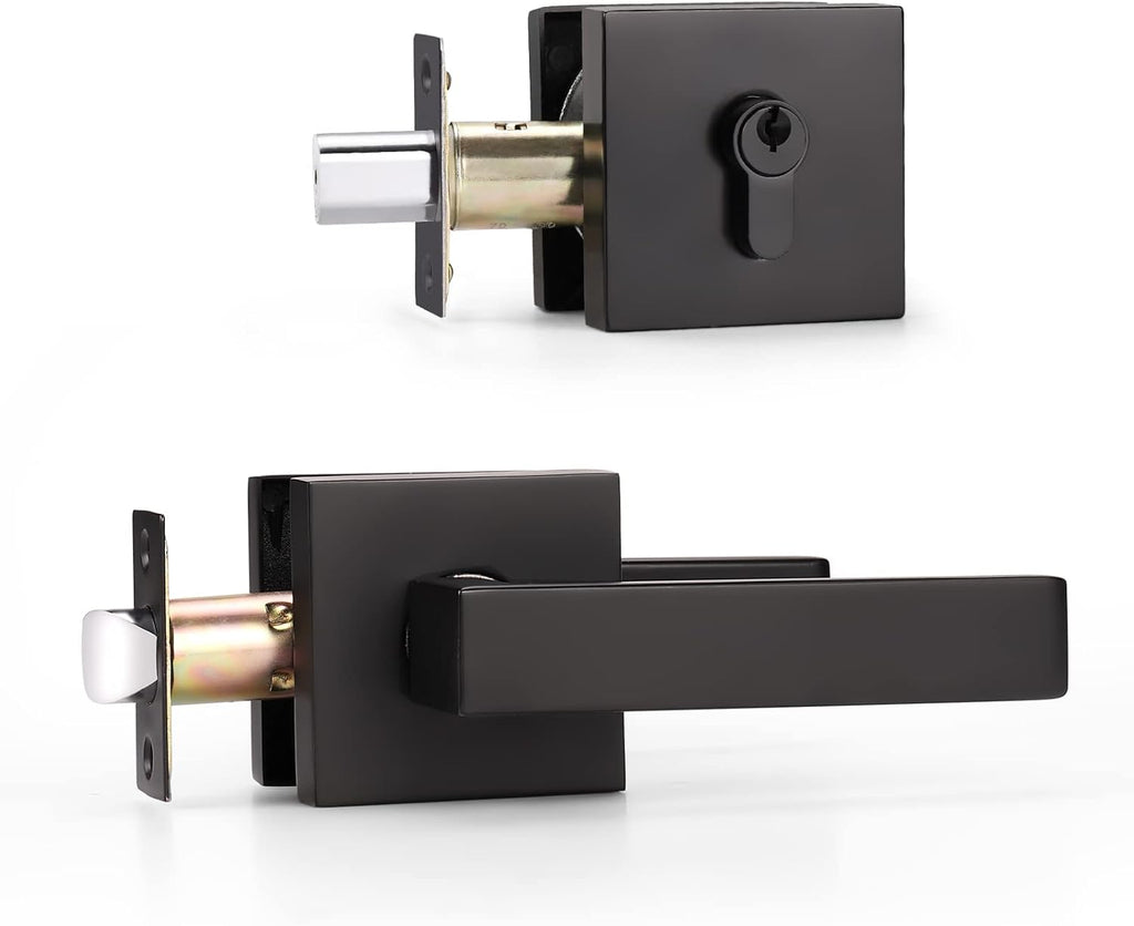 10 Pack Matte Black Entry Door Handle Set with Deadbolt and Lever F1145