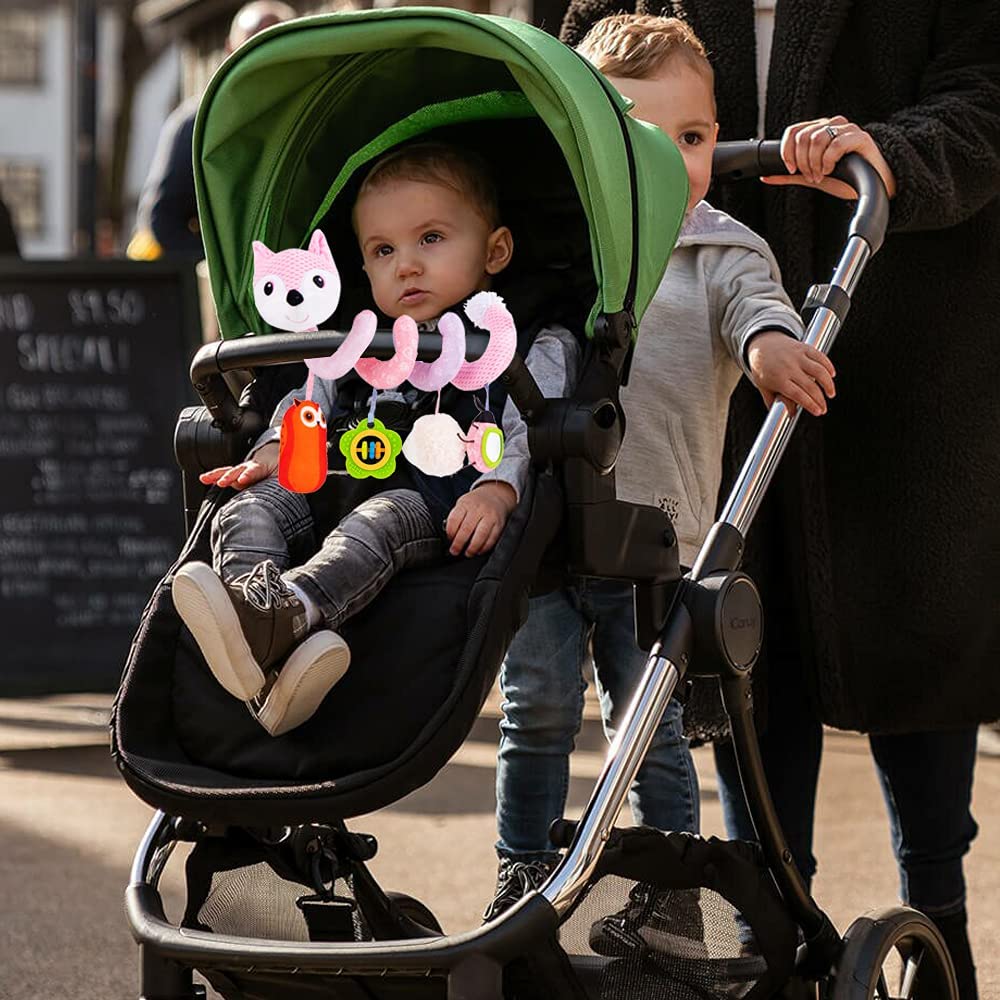 Pink Fox Plush Baby Car Seat Toys with Musical Sheep Rattles Owl Ladybird Distorting Mirror B4855