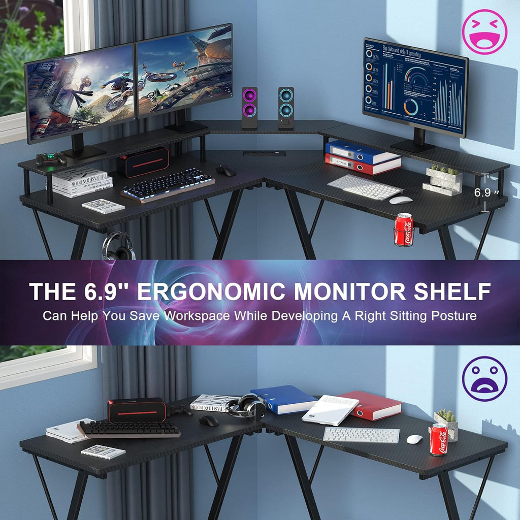 Black L Shaped Gaming Desk with LED Lights and Power Strip X6223