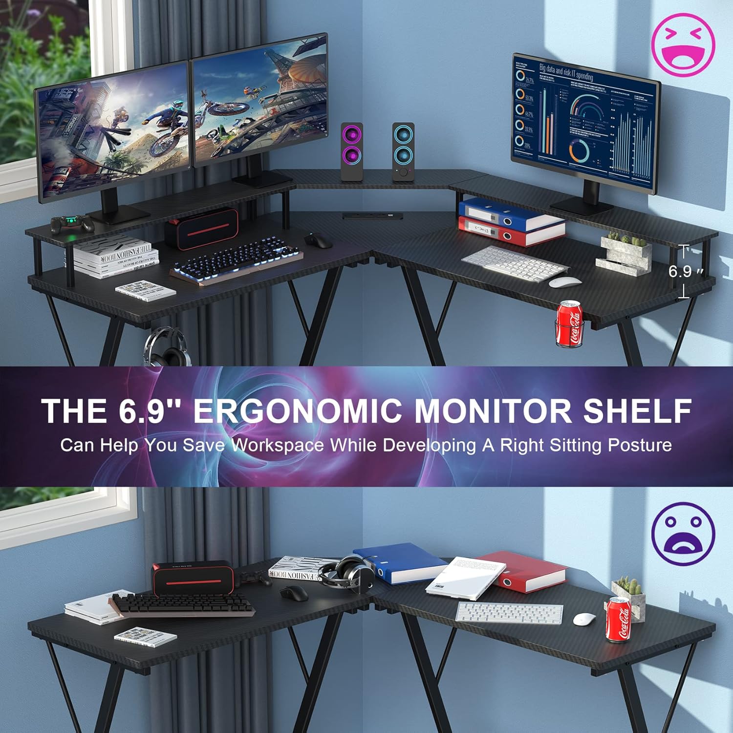 Black L Shaped Gaming Desk with LED Lights and Power Strip X6223