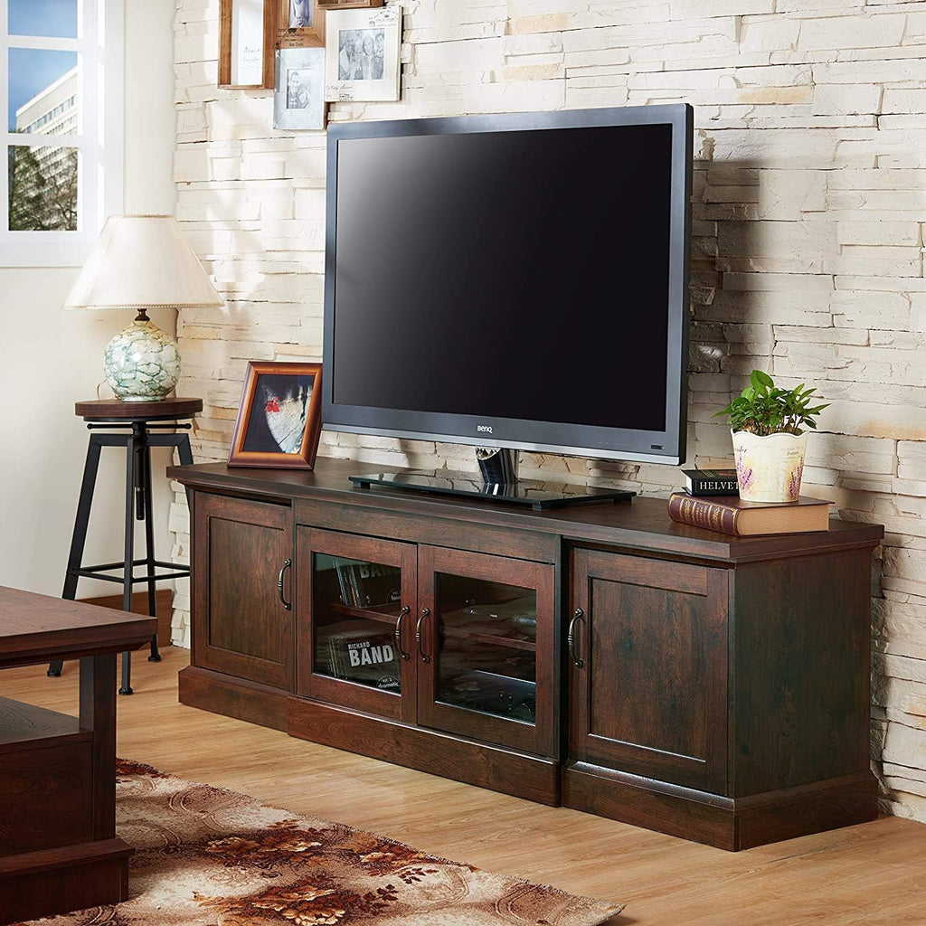 Rustic 68 TV Stand with Glass and Wood Cabinet Door Storage in Vintage Walnut G807053