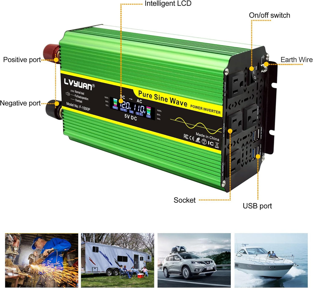 Pure Sine Wave Inverter 1600 Watts DC 12V to AC 110V with Remote Controller and LCD Display S61345